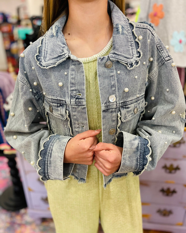 Light Wash Denim Jacket With Pearls