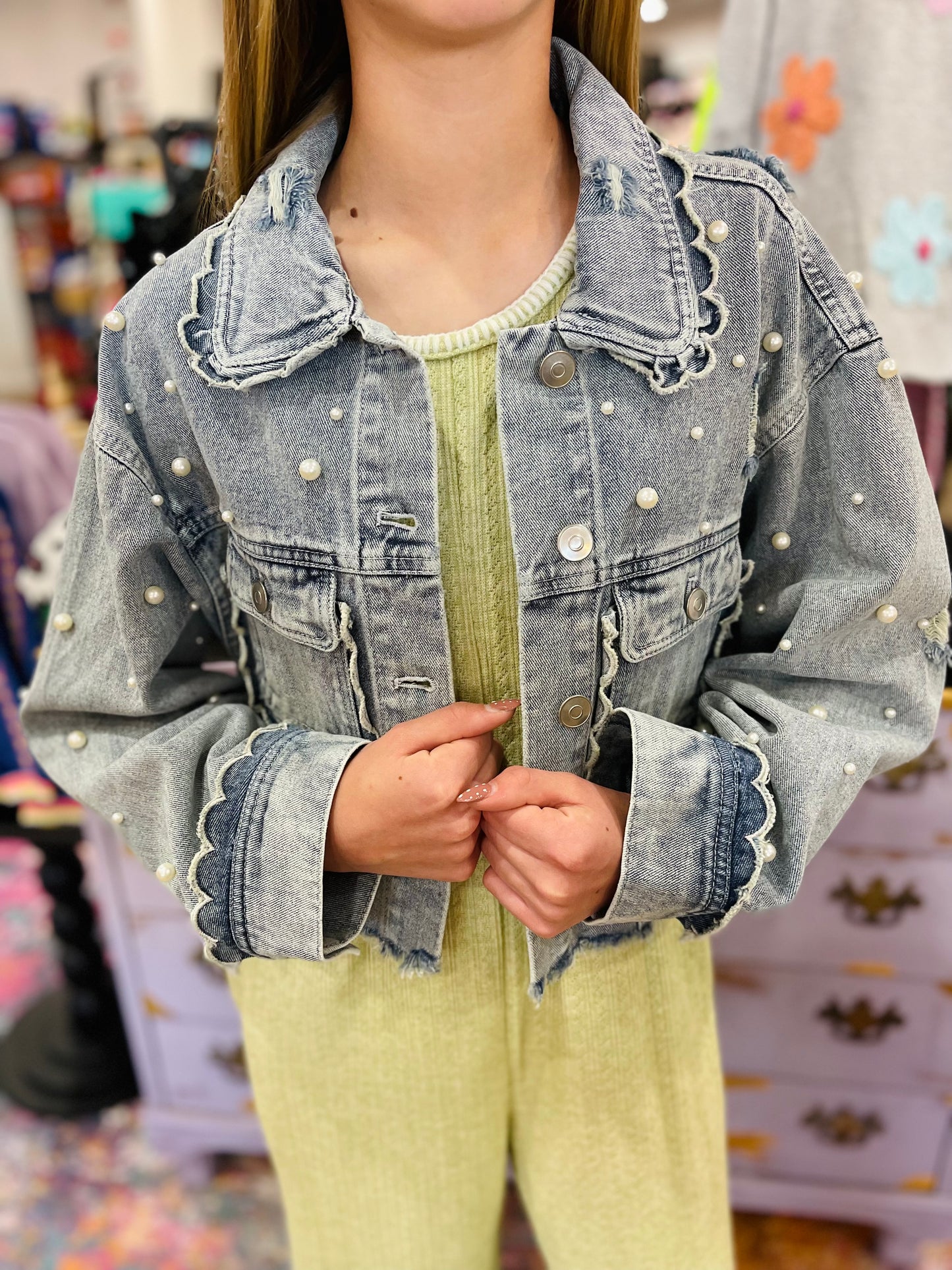 Light Wash Denim Jacket With Pearls