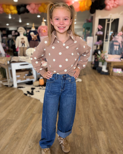 Polka Dot Knit Collared LS | Taupe