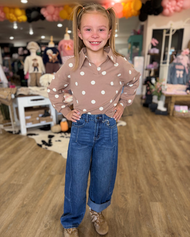 Polka Dot Knit Collared LS | Taupe