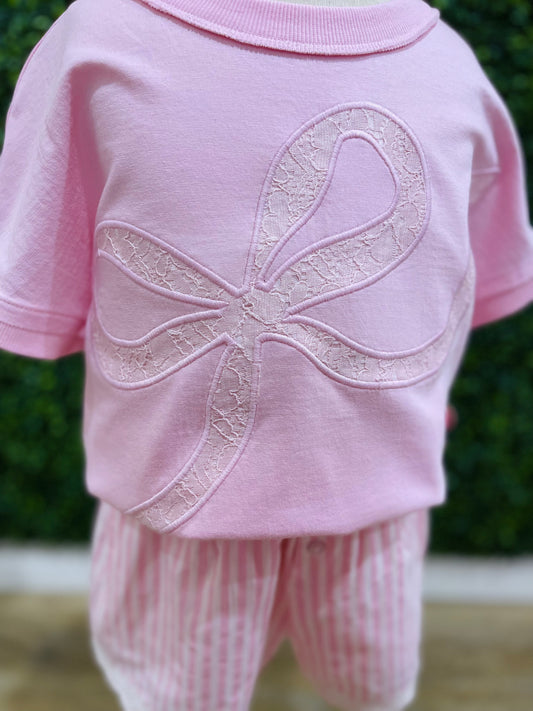 Floral Lace Applique Bow w/ Crossed Back | Pink
