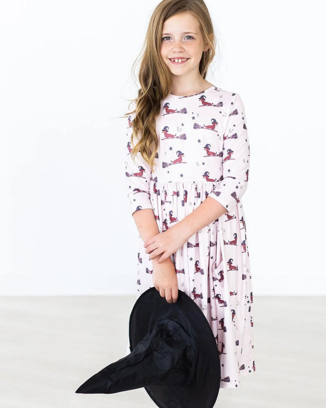 Happy Howl-Owen 3/4 Sleeve Pocket Twirl Dress