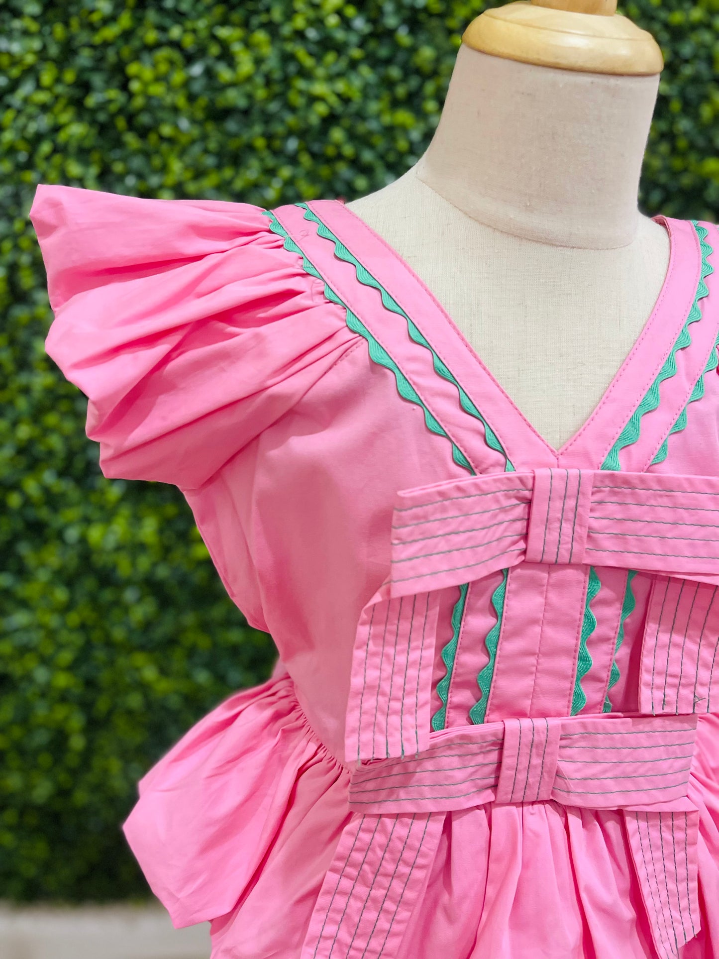 Cotton Poplin Ric Rac Bubble Hem Top | Pink & Green