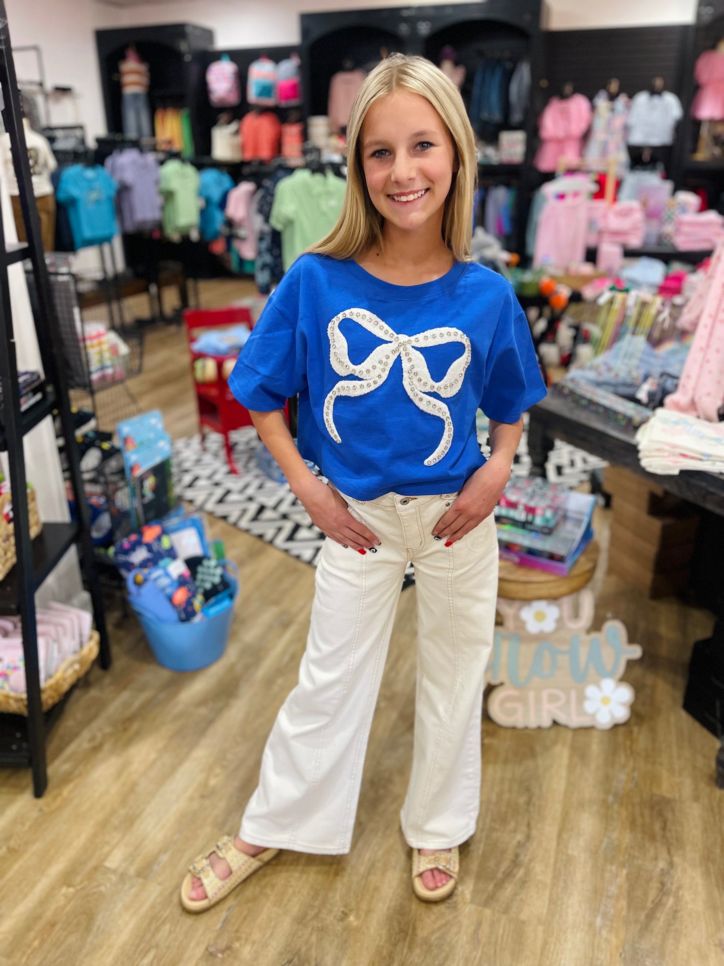 Rhinestone Studded Bow Cotton Tee | Blue