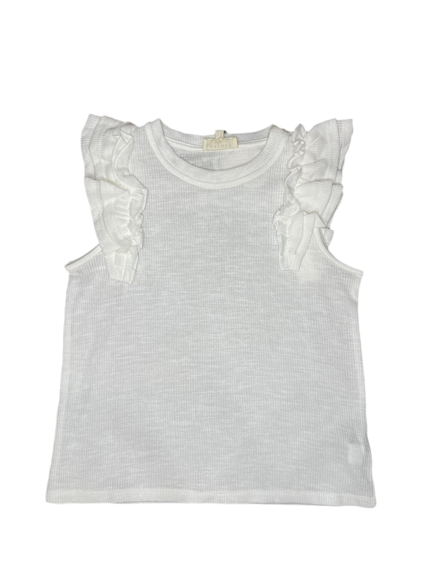 Ruffle Sleeve Ribbed Top | White