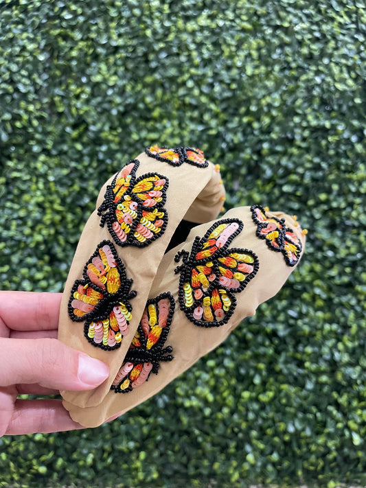 Neutral Butterfly Beaded Headband