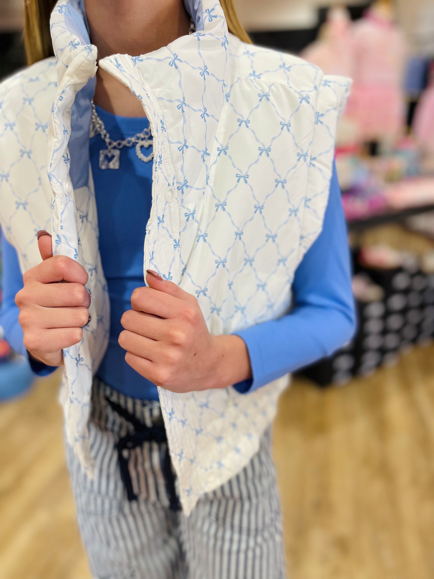 Blue Bow Trellis Puffer Vest