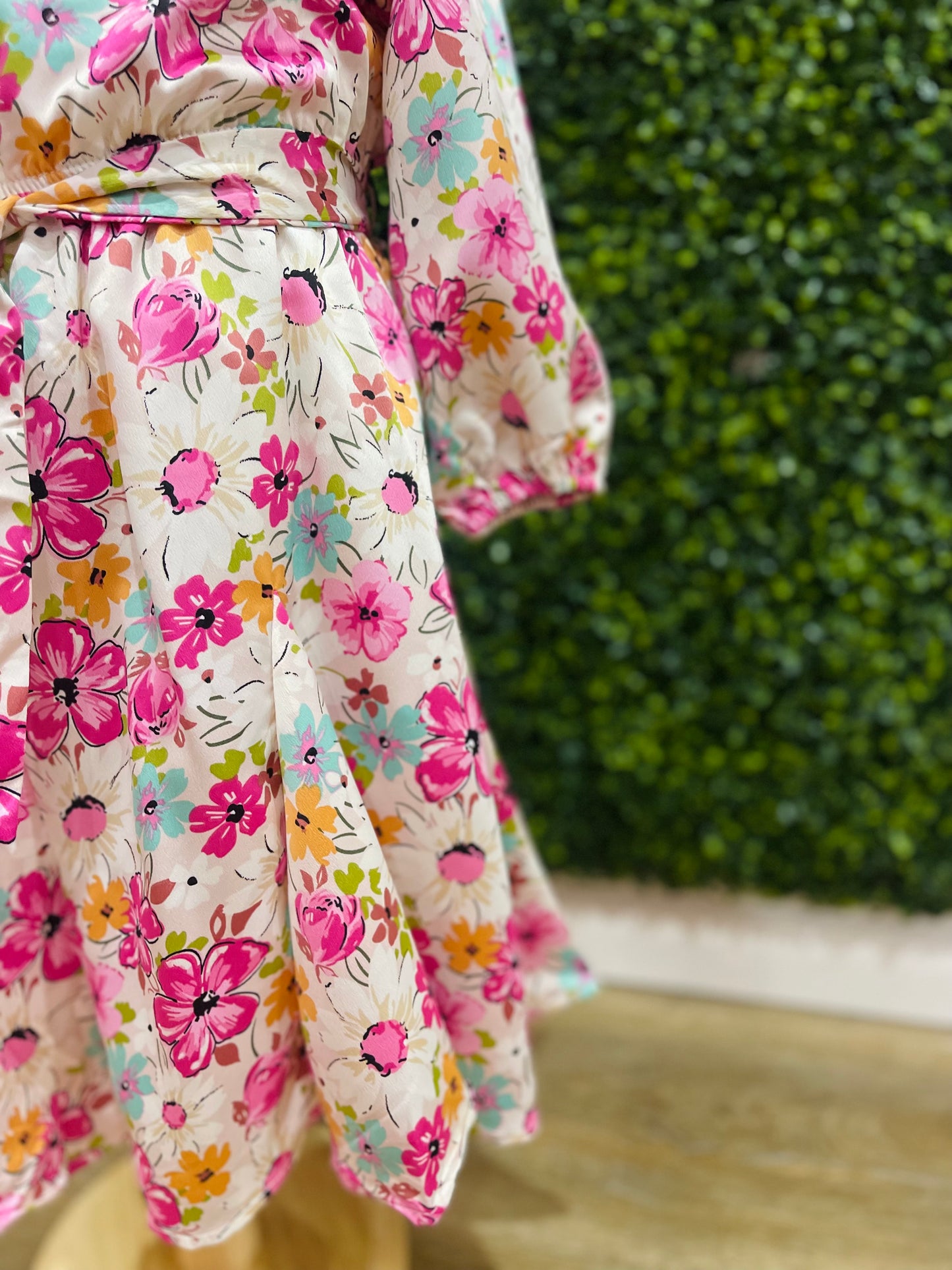Satin Floral Long Sleeve Belted Flare Skirt Dress