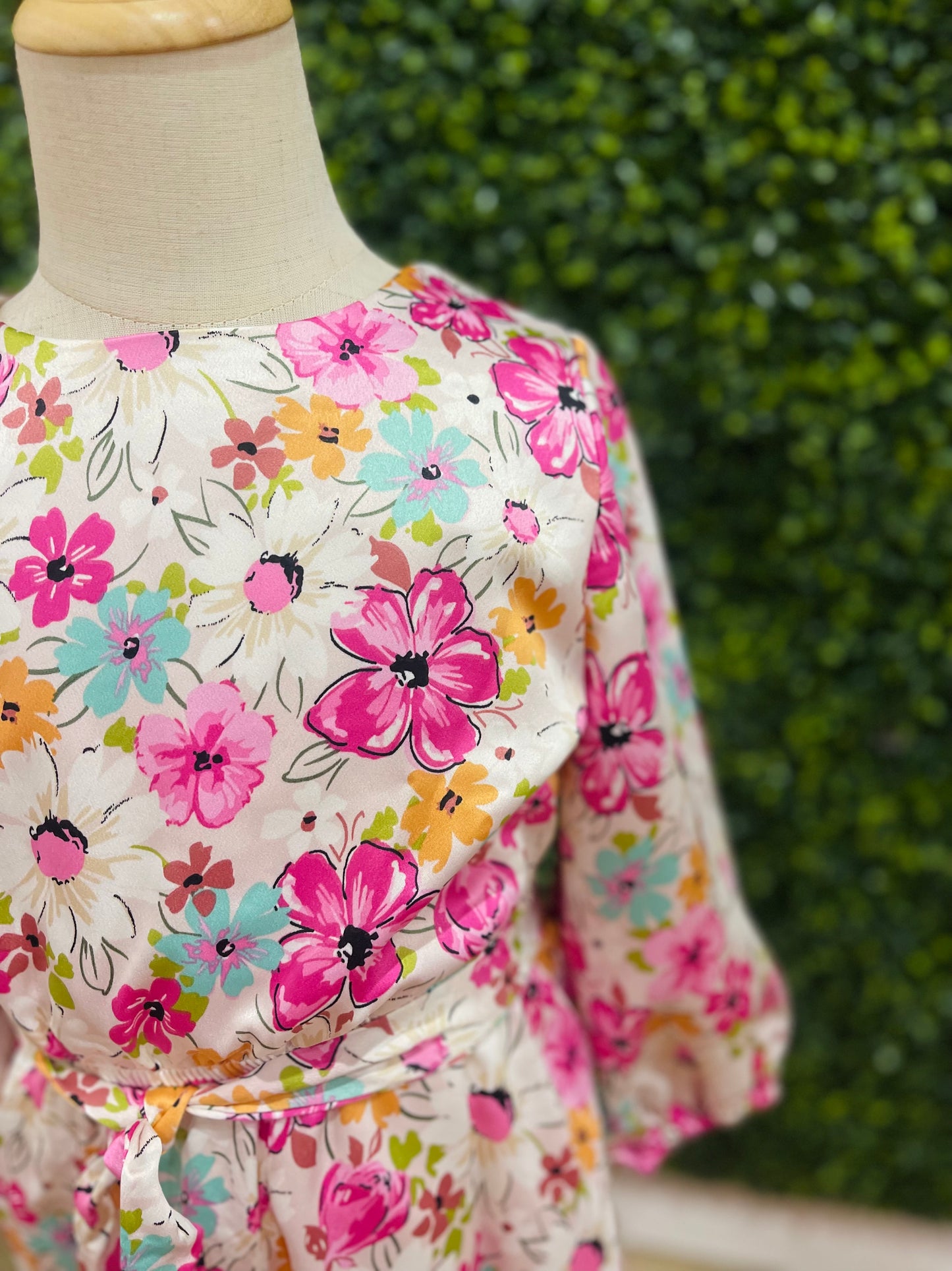 Satin Floral Long Sleeve Belted Flare Skirt Dress