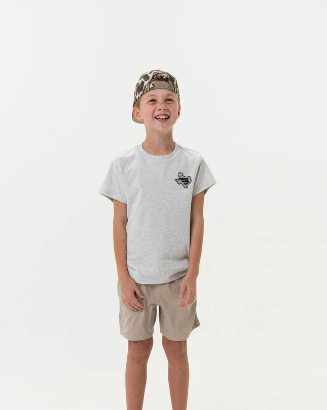 Youth Tee | Texas Camo Flying B | Heather Ash Grey