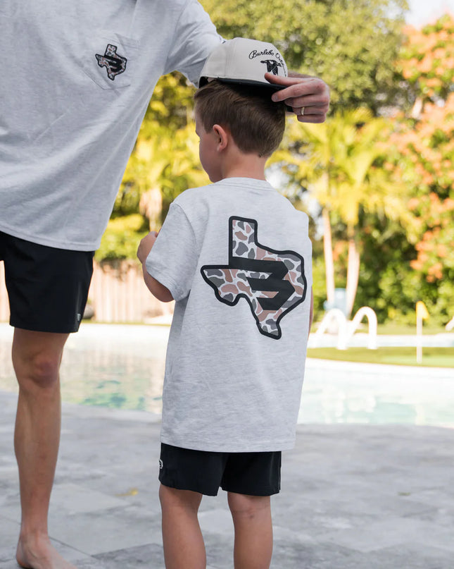 Youth Tee | Texas Camo Flying B | Heather Ash Grey