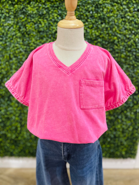 Garment Washed V Neck Tee | Pink