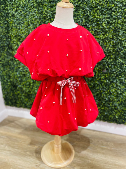 Pearl Detail Bubble Hem Set | Red