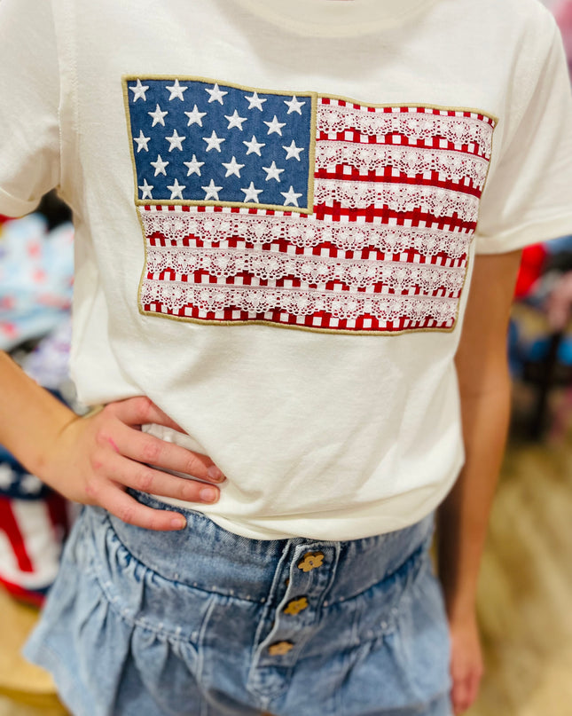 USA Flag Lace Trim Tee | Vanilla White