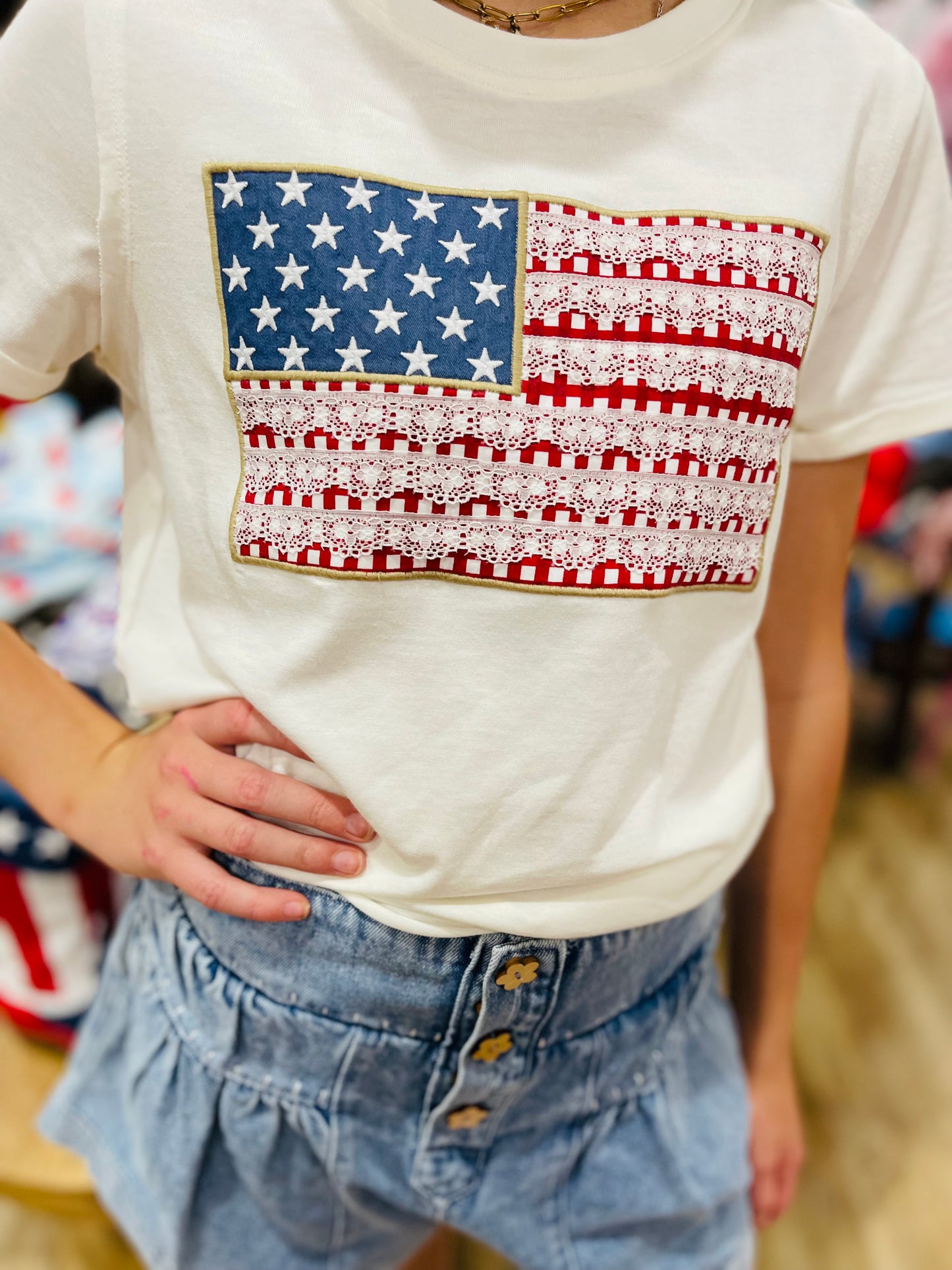USA Flag Lace Trim Tee | Vanilla White