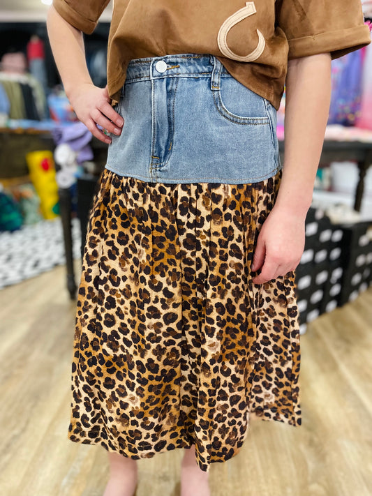 Mix Media Leopard Print Denim Skirt