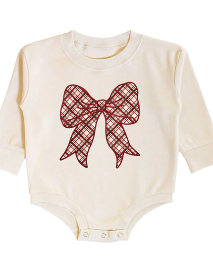Christmas Plaid Bow Patch Long Sleeve Romper