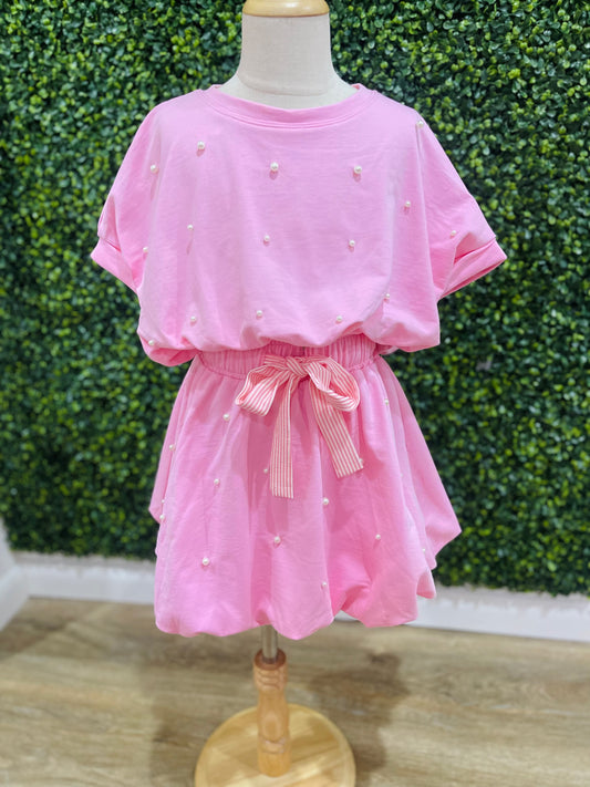 Pearl Detail Bubble Hem Set | Pink