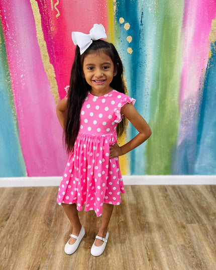 Polka Dots Flutter Sleeve Twirl Dress | Pink