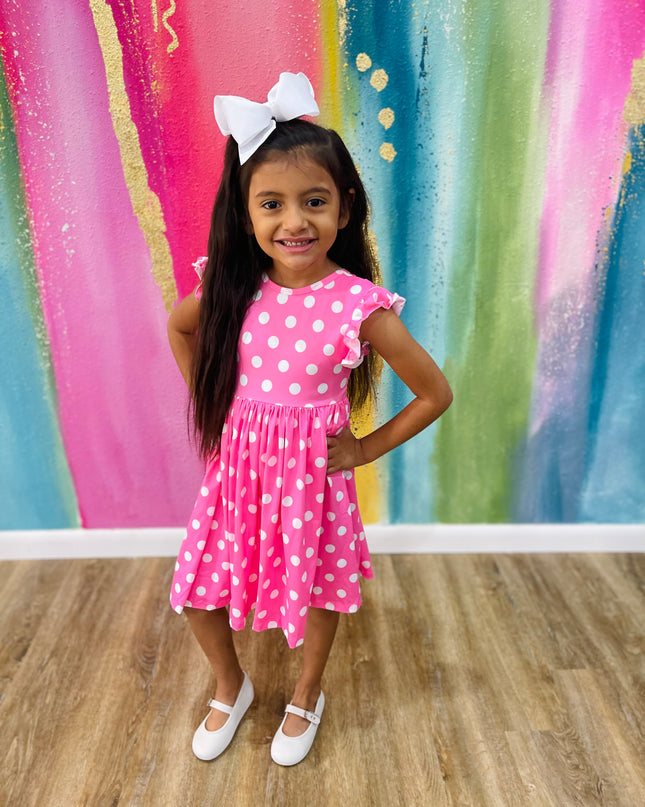 Polka Dots Flutter Sleeve Twirl Dress | Pink
