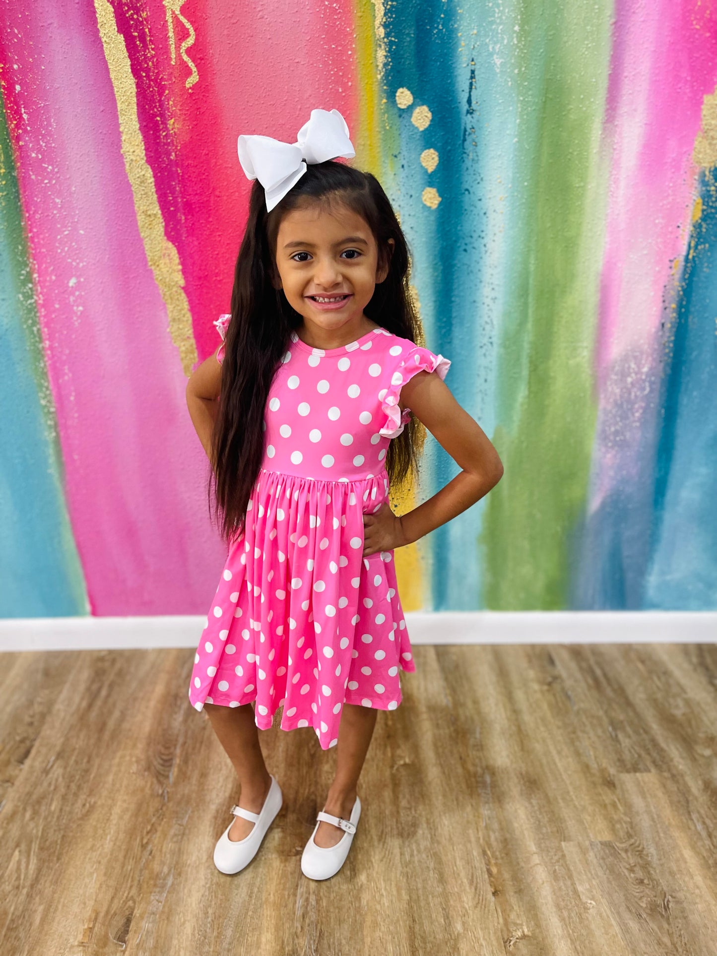 Polka Dots Flutter Sleeve Twirl Dress | Pink