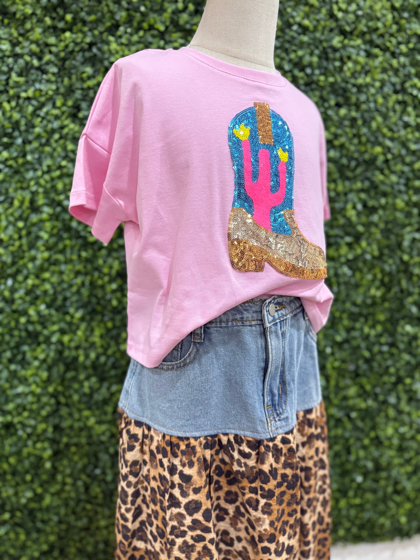 Sequined Cactus Boot Patch Knit Tee | Pink