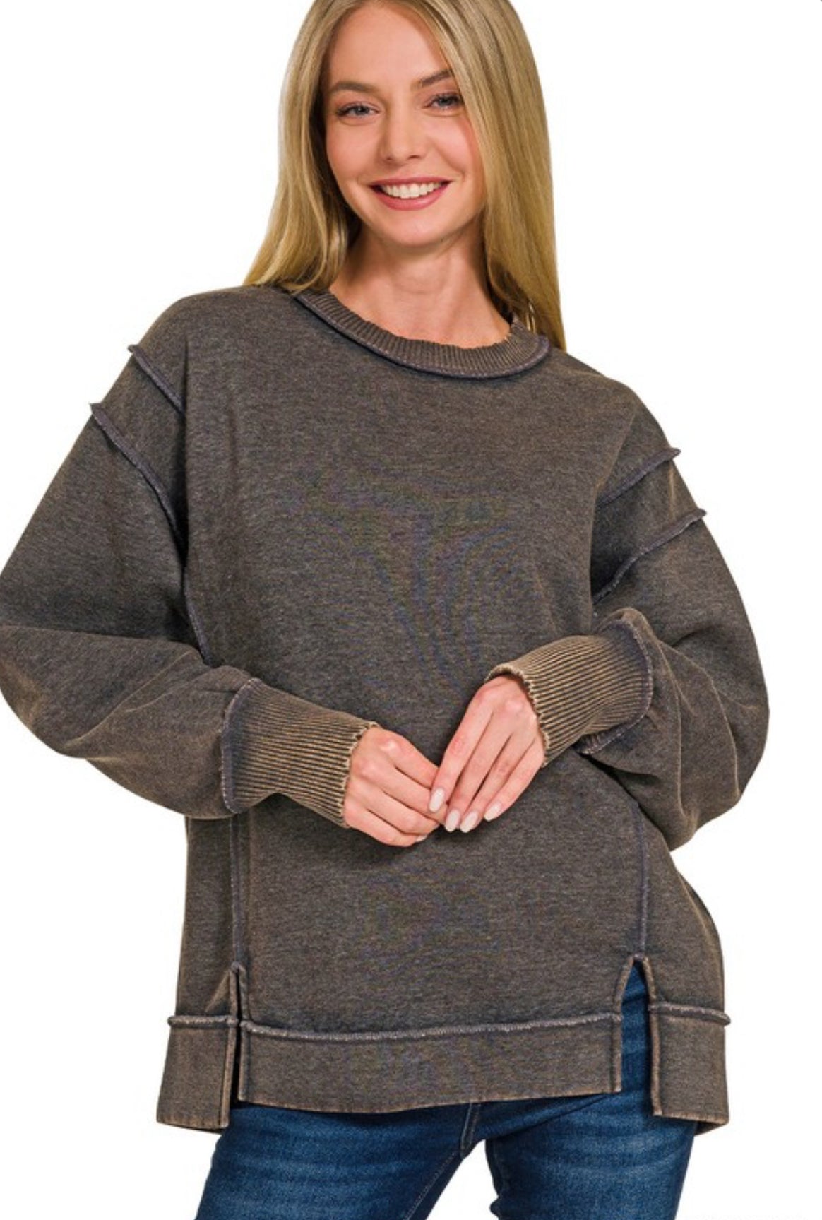 Acid Wash Exposed Seam Fleece Sweatshirt | Ash Black