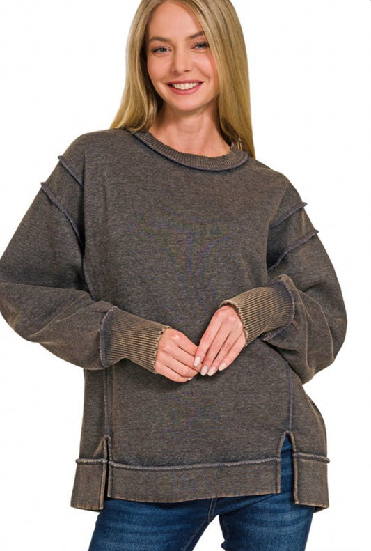 Acid Wash Exposed Seam Fleece Sweatshirt | Ash Black