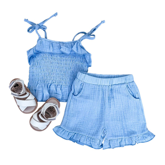 Blue Smocked Linen Set