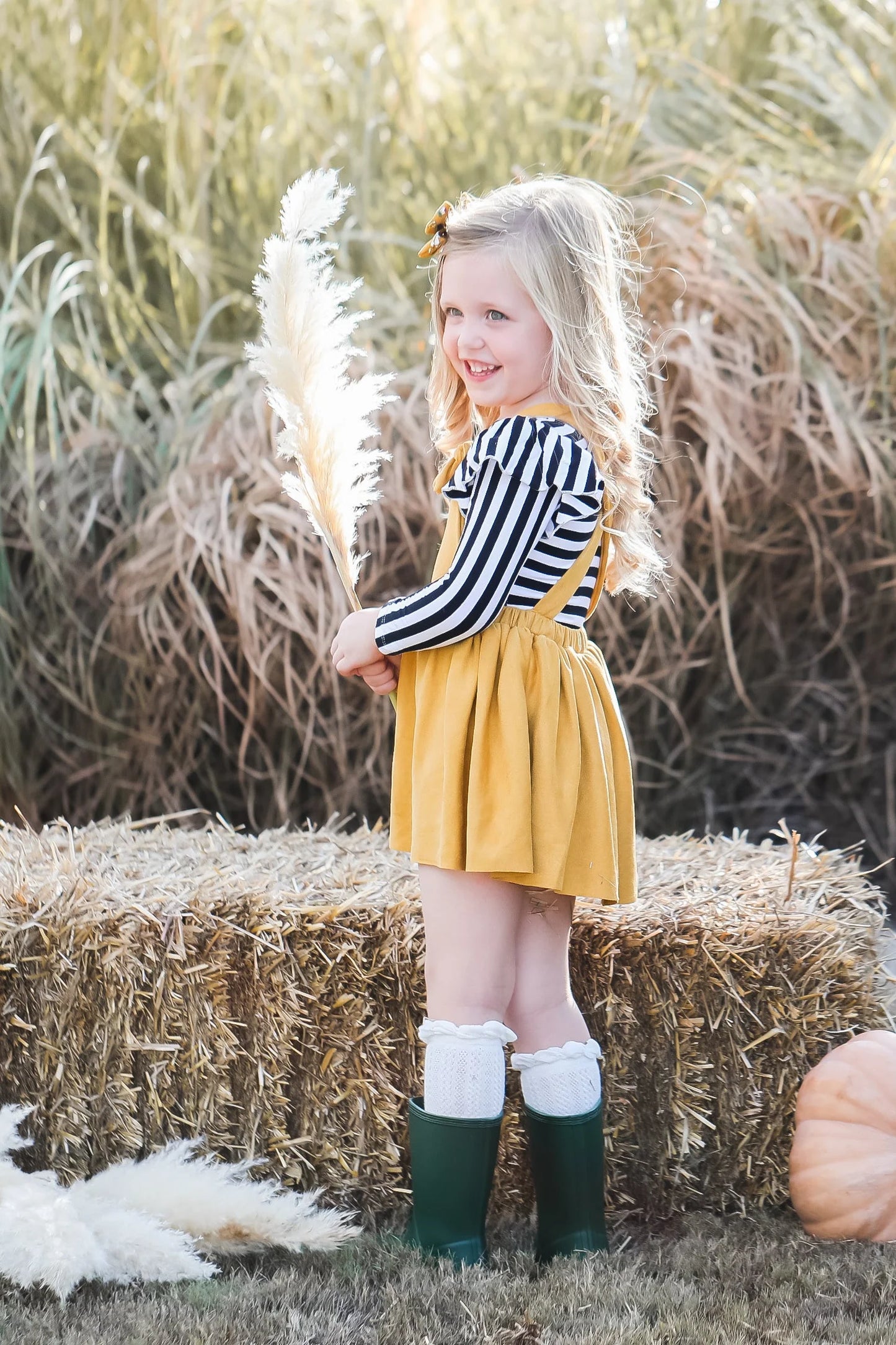 Mustard Faux Suede Pinafore /w Black & White Striped LS Ruffle Tee