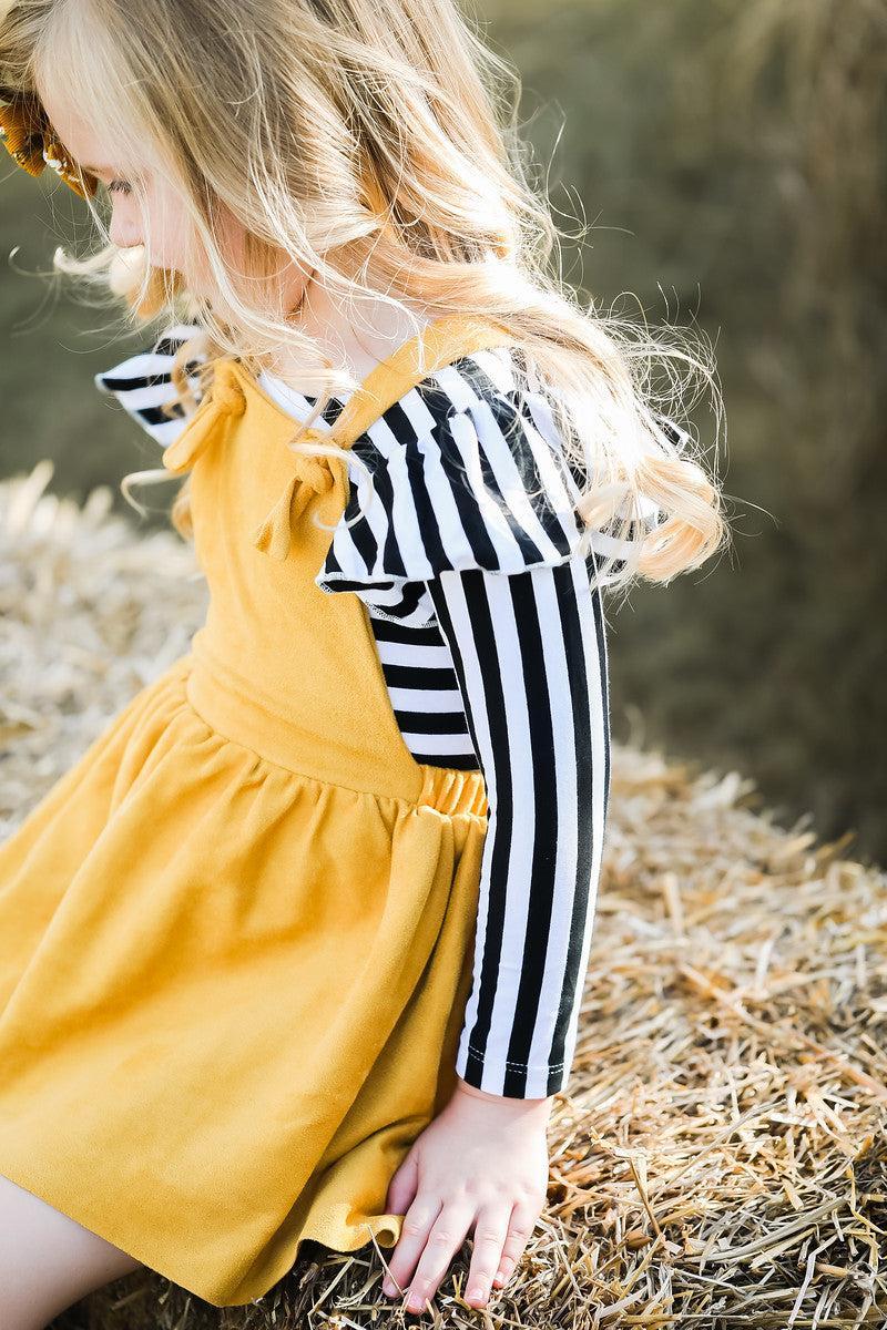 Mustard Faux Suede Pinafore /w Black & White Striped LS Ruffle Tee