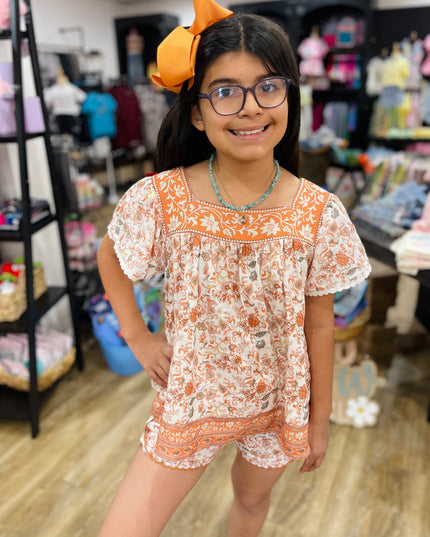 Boho Square Neck Puff Sleeve and Shorts Set | Rust