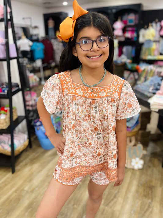 Boho Square Neck Puff Sleeve and Shorts Set | Rust