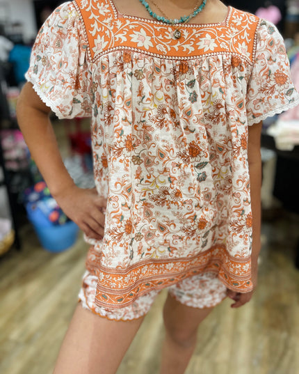 Boho Square Neck Puff Sleeve and Shorts Set | Rust