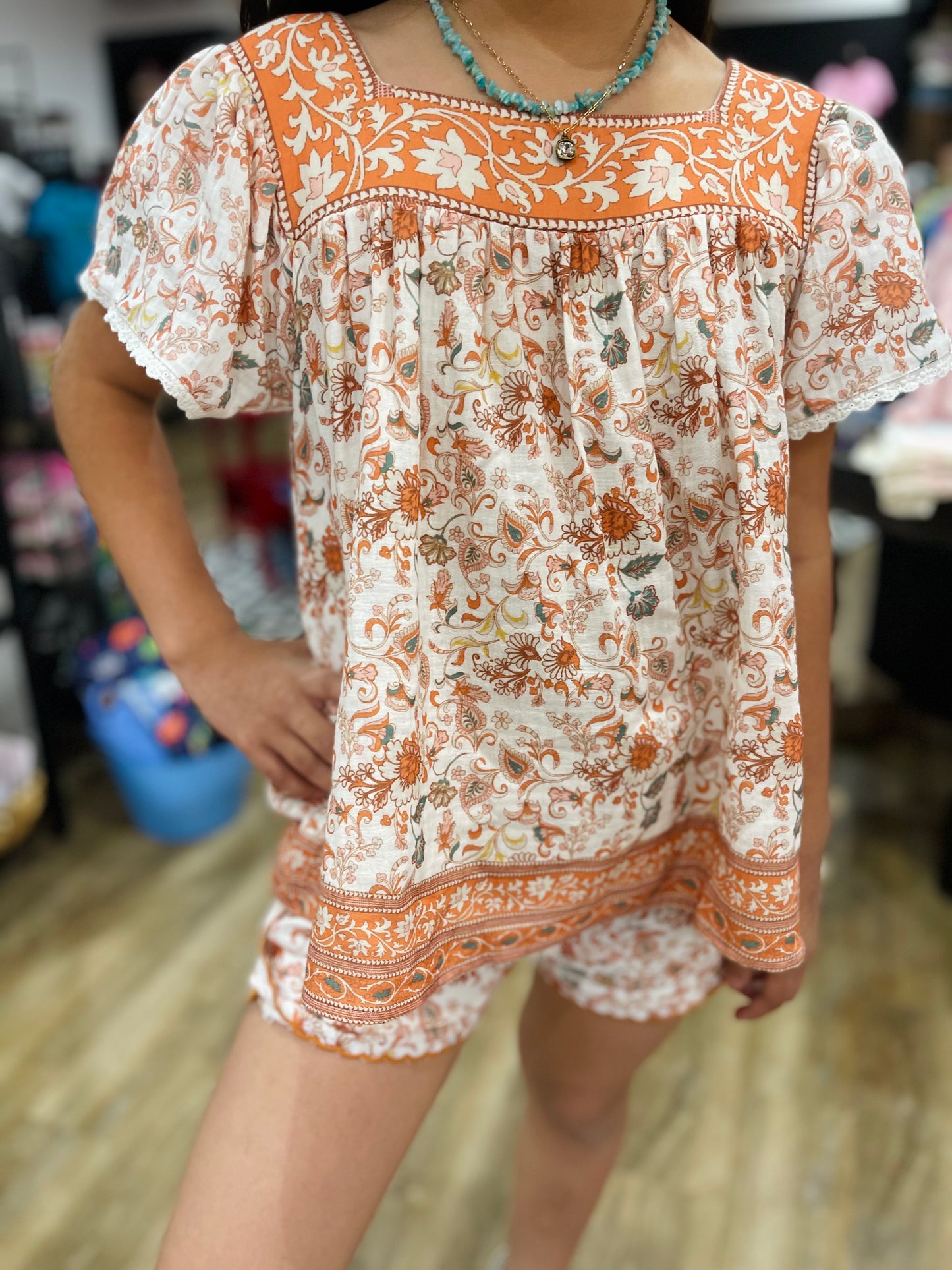 Boho Square Neck Puff Sleeve and Shorts Set | Rust