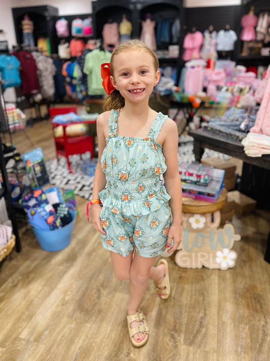 Boho Ruffle Strap Shorts Romper | Teal