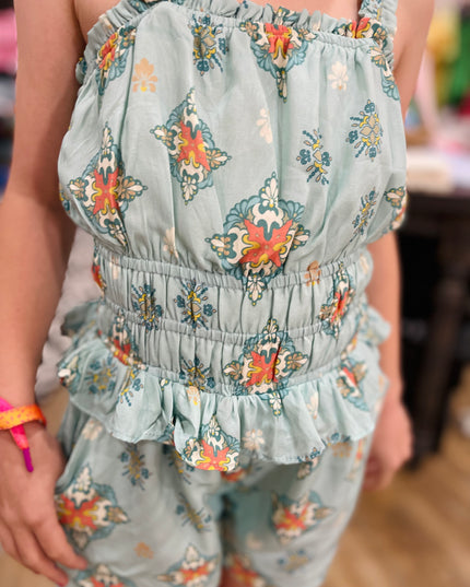 Boho Ruffle Strap Shorts Romper | Teal