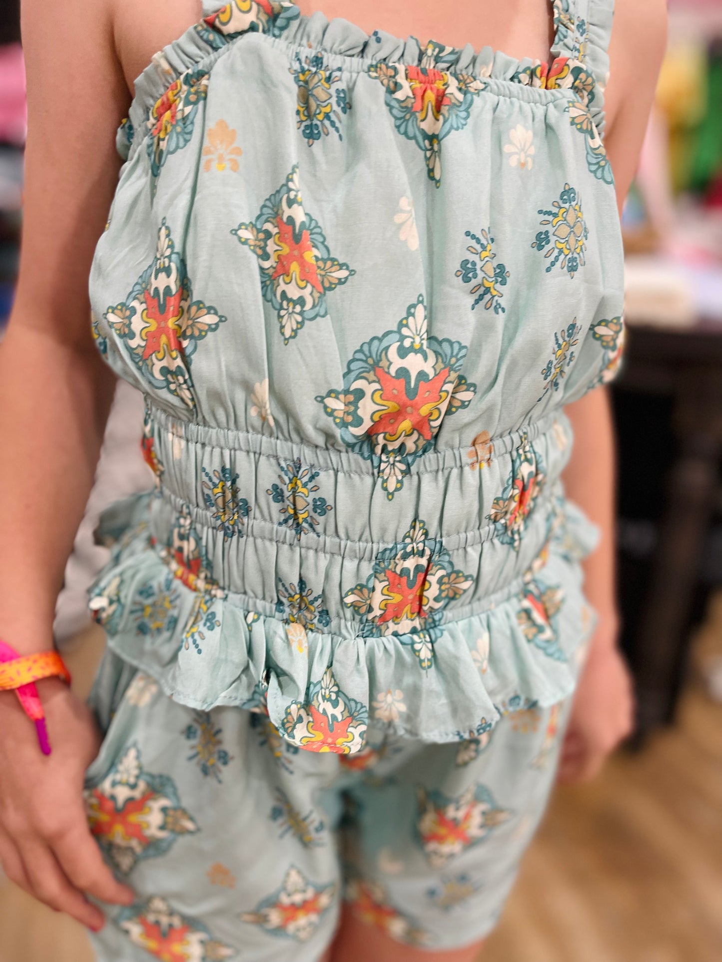 Boho Ruffle Strap Shorts Romper | Teal