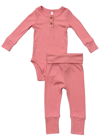 Ribbed Henley Bodysuit Set | Rose Elegance