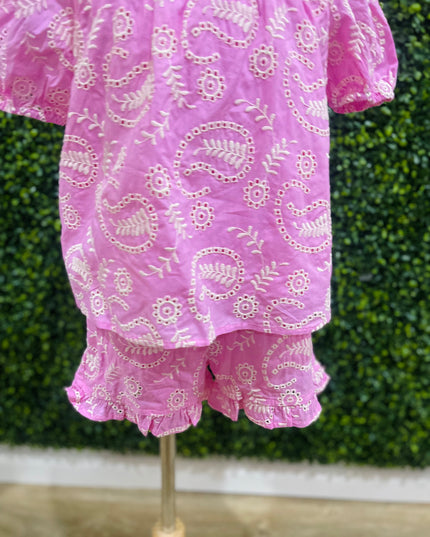 Paisley Embroidered Shorts Set | Pink