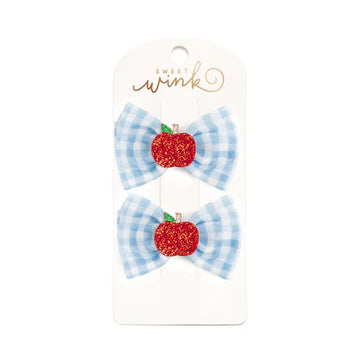 Apple Gingham Tulle Bow Clip Set