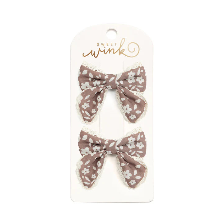 Mocha Floral Lace Bow Clip Set