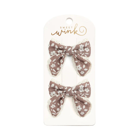 Mocha Floral Lace Bow Clip Set