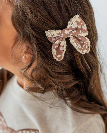 Mocha Floral Lace Bow Clip Set