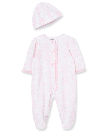 Damask Scroll Footie/Hat | Pink