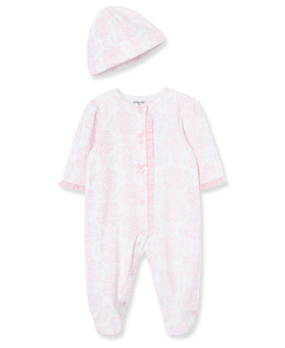 Damask Scroll Footie/Hat | Pink