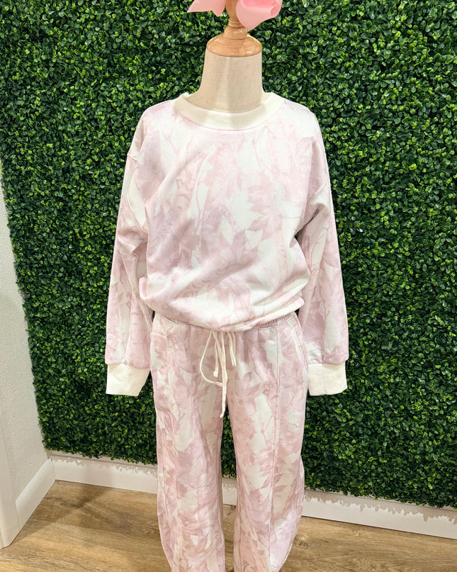 Leaf Printed Fleece Sweatpants | Pale Pink