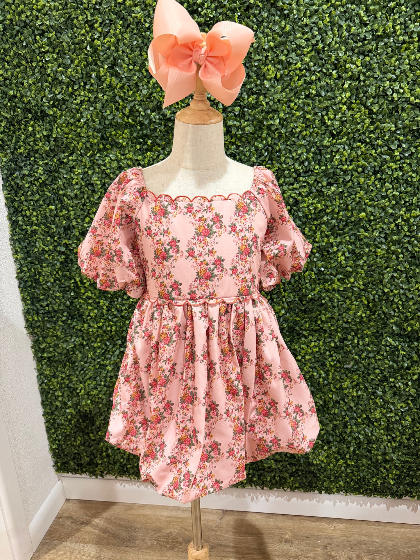 Floral Printed Poplin Scallop Bubble Hem Dress | Orange Coral
