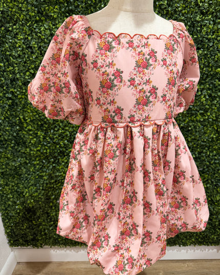 Floral Printed Poplin Scallop Bubble Hem Dress | Orange Coral