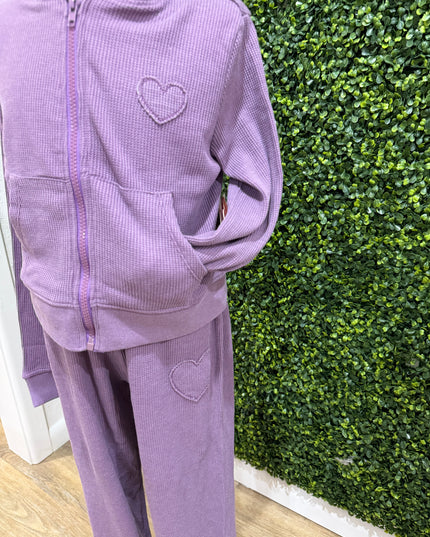 Acid Wash Heart Applique Thermal Hoodie Set | Purple